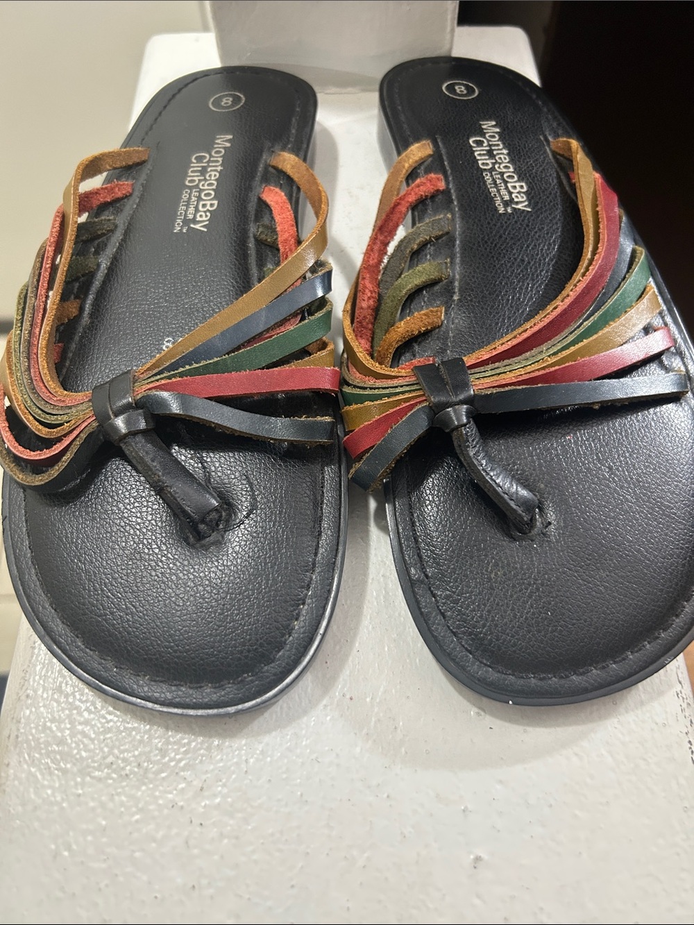 Montego Bay Club Black Sandals with Red, Green, Gold & Blue Straps